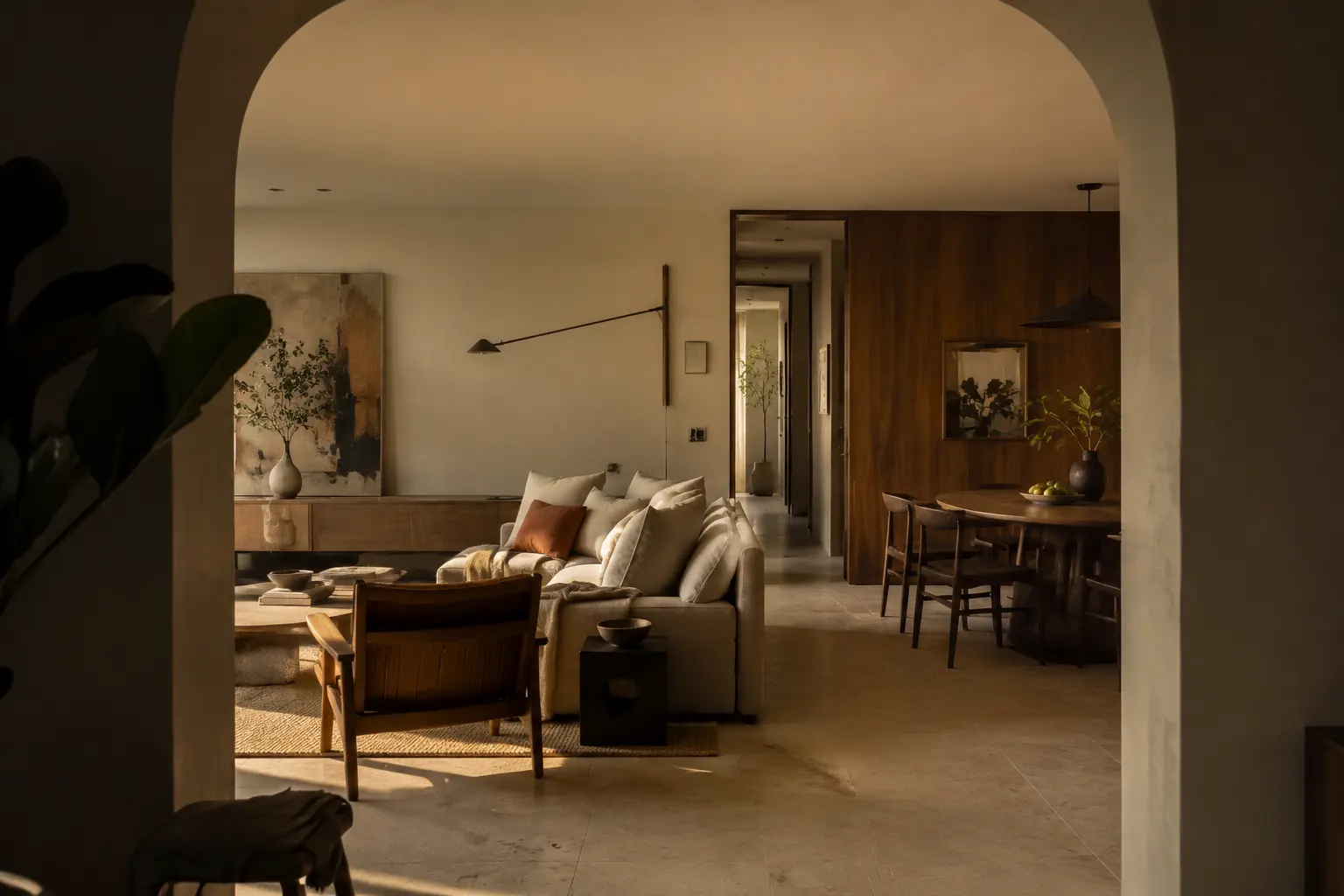 Interior residencial emoldurado por um grande vão curvo, com madeira, pedra e luz natural