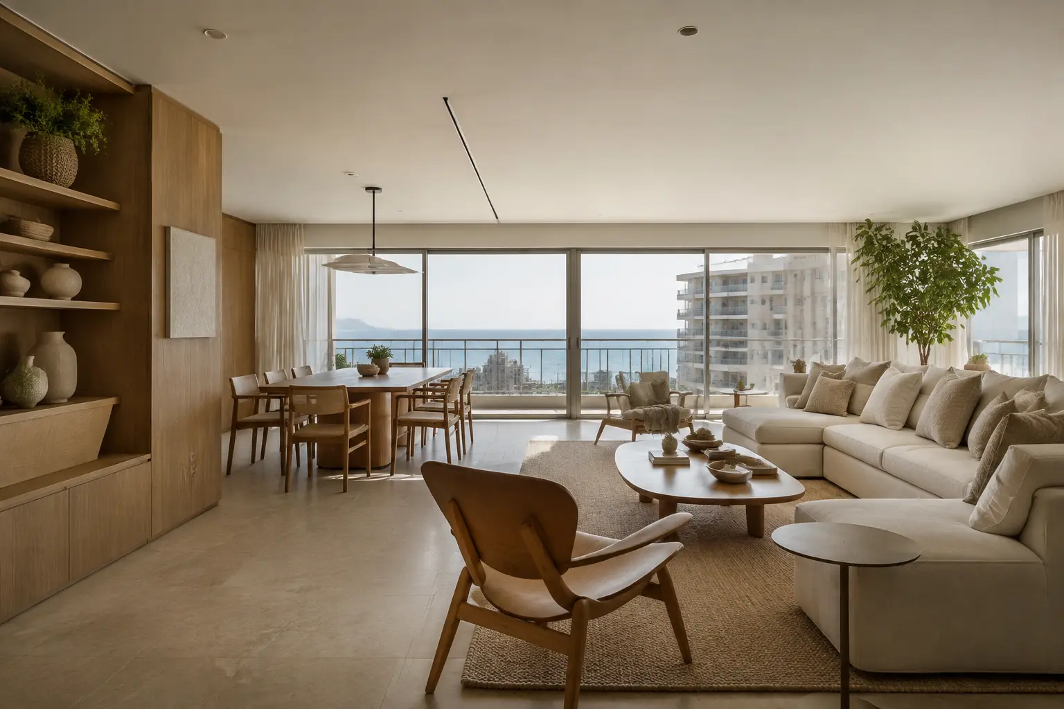 Living com madeira natural e pedra clara em apartamento no Rio de Janeiro