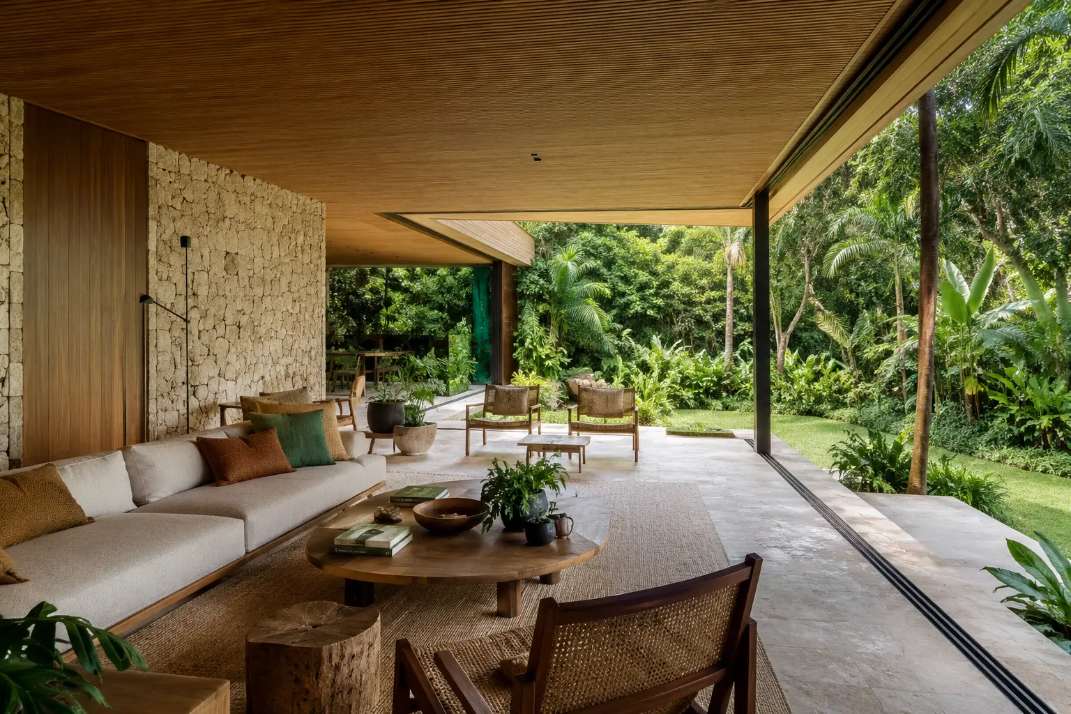 Residência tropical integrada ao jardim com pedra, madeira e fibras naturais